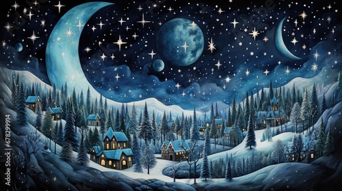  a painting of a snowy night with a full moon and a house in the middle of the night with stars and a full moon in the sky above the trees.