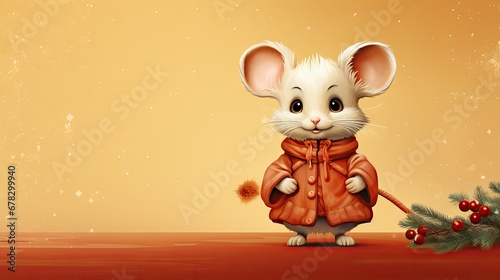  a white mouse wearing a red coat next to a christmas tree with red berries and a sprig of holly on a yellow background with snow flecks.