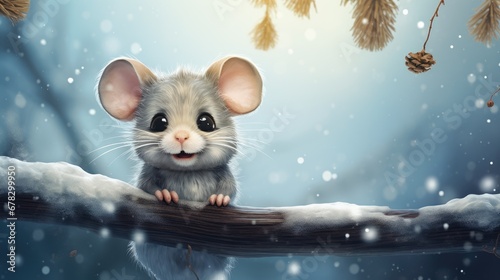  a painting of a mouse sitting on a tree branch in the snow with a pine cone hanging from it's side and a pine cone hanging from the branch.