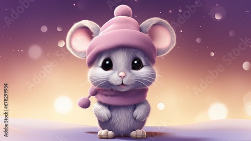  a cartoon mouse wearing a pink hat and scarf on top of a snow covered ground with snow flakes in the background and a purple sky filled with snowflakes.