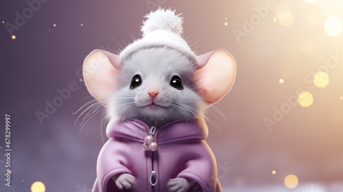  a white mouse wearing a pink jacket and a white hat on it's head, with a blurry background and boke of yellow lights in the background.