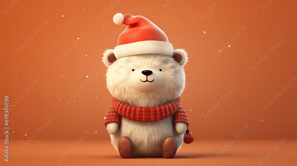  a white teddy bear wearing a red scarf and a santa hat with a red scarf around its neck and a red scarf around its neck, sitting on an orange background.