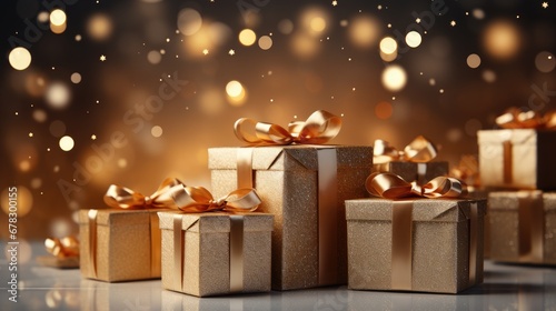  a group of gold gift boxes with gold bows on a shiny surface with a boke of lights in the background and gold lights in the air in the background. © Shanti