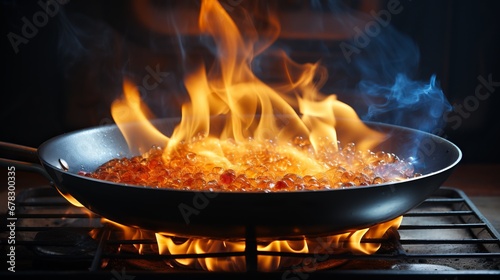 A steel frying pan on a gas stove burns with food with an open flame. The process of flambéing a dish. Concept: fire hazard