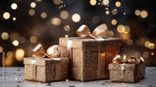  three wrapped presents with gold ribbons and bows on a table in front of a blurry background of gold and white lights, with gold stars and confetti. © Shanti