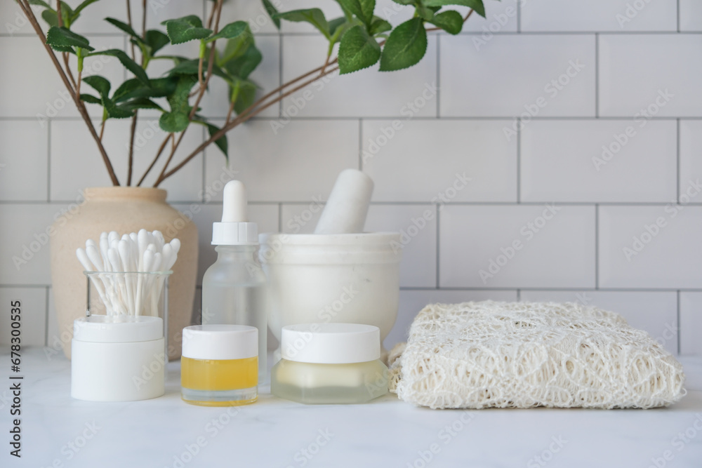 skincare, serum, and body cream in the bathroom. Cosmetic and packaging concept. skincare, serum, and body cream in the bathroom. Cosmetic and packaging concept.