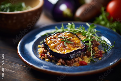 Moussaka, plat traditionnel grec à base d'aubergine, tomate et viande hachée photo
