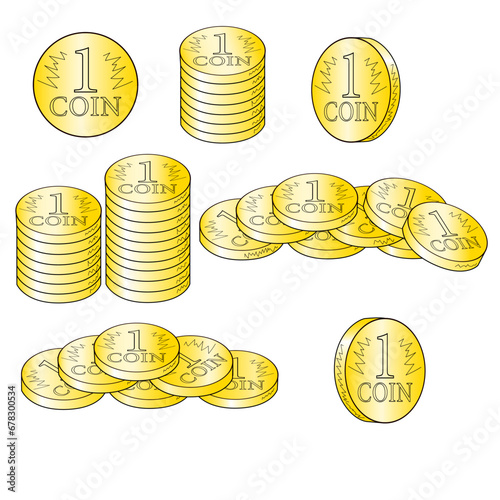  set gold coins isolated on white, finance, trade, business