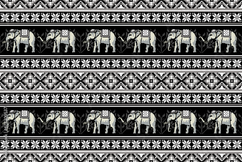 Ethnic Traditional Thai White Elephant Pixel Art Seamless Pattern.  Design for fabric, tile, carpet, embroidery, wrapping, wallpaper, and background