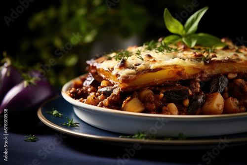Moussaka, plat traditionnel grec à base d'aubergine, tomate et viande hachée photo