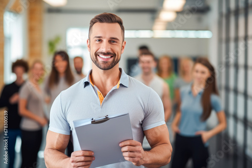 Portrait of physical education male teacher in a gym hall smiling and holding a clipboard with pupils in the background