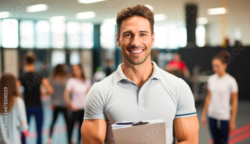Portrait of physical education male teacher in a gym hall smiling and holding a clipboard with pupils in the background