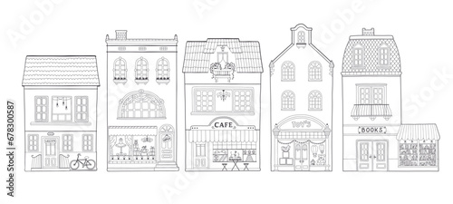 Collection of European houses. Cute Dutch buildings with shops, bookstore, cafe, coffee shop. Contour monochrome vector illustration, coloring for children in a hand-drawn childish style.