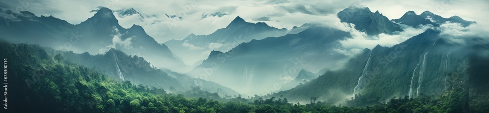 Krajobraz górski z mgłą i lasem w tle.  - obrazy, fototapety, plakaty 