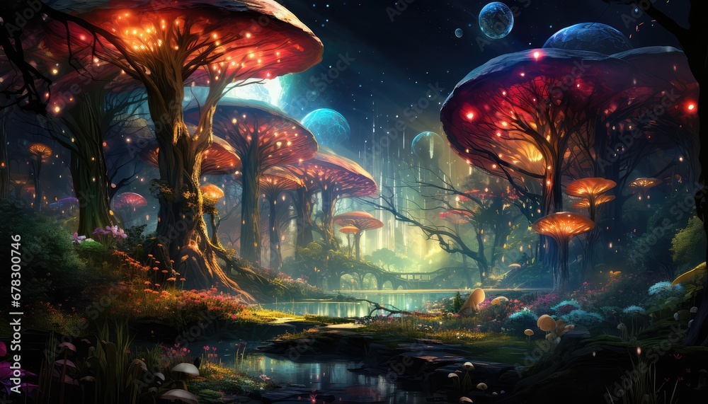 Magiczny las z ogromnymi magicznymi grzybami.  - obrazy, fototapety, plakaty 