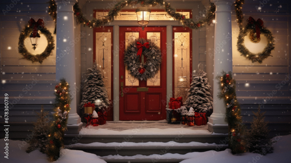 Wooden front door decorated with christmas wreaths and ornaments.