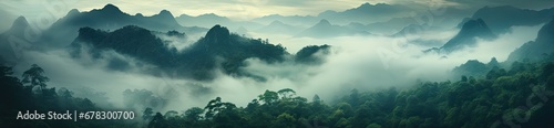Krajobraz górski z mgłą i lasem w tle. 