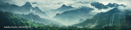 Krajobraz górski z mgłą i lasem w tle.  photo