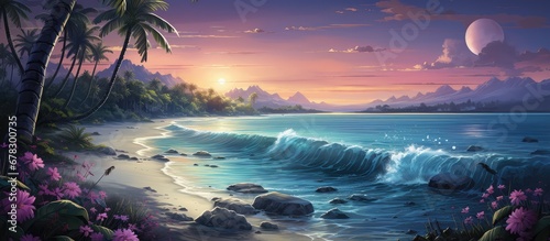 Plaża pełna piasku z palmami rosnącymi na brzegu o zachodzie słońca. 