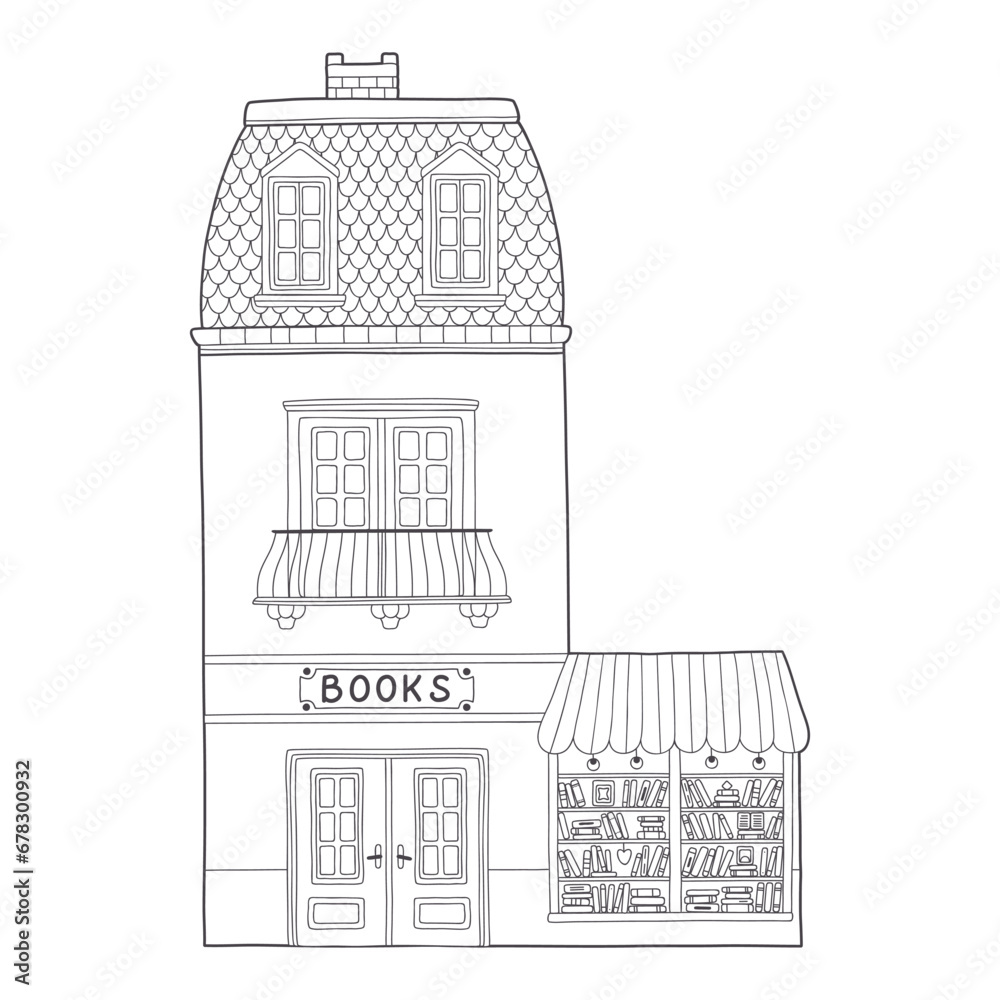 European house. Cute Dutch building with a bookstore on the ground floor. Contour monochrome vector illustration, coloring for children in a hand-drawn childish style. Isolate on a white background.