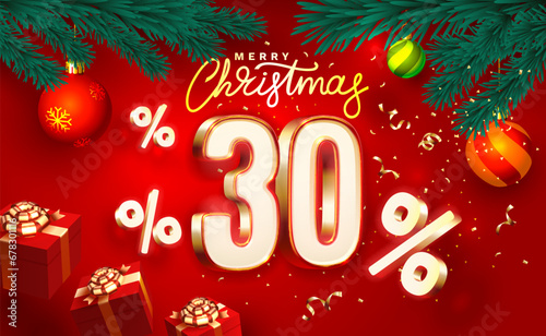 Merry Christmas, 30 percent Off  discount. Sale banner and poster. Vector illustration.
