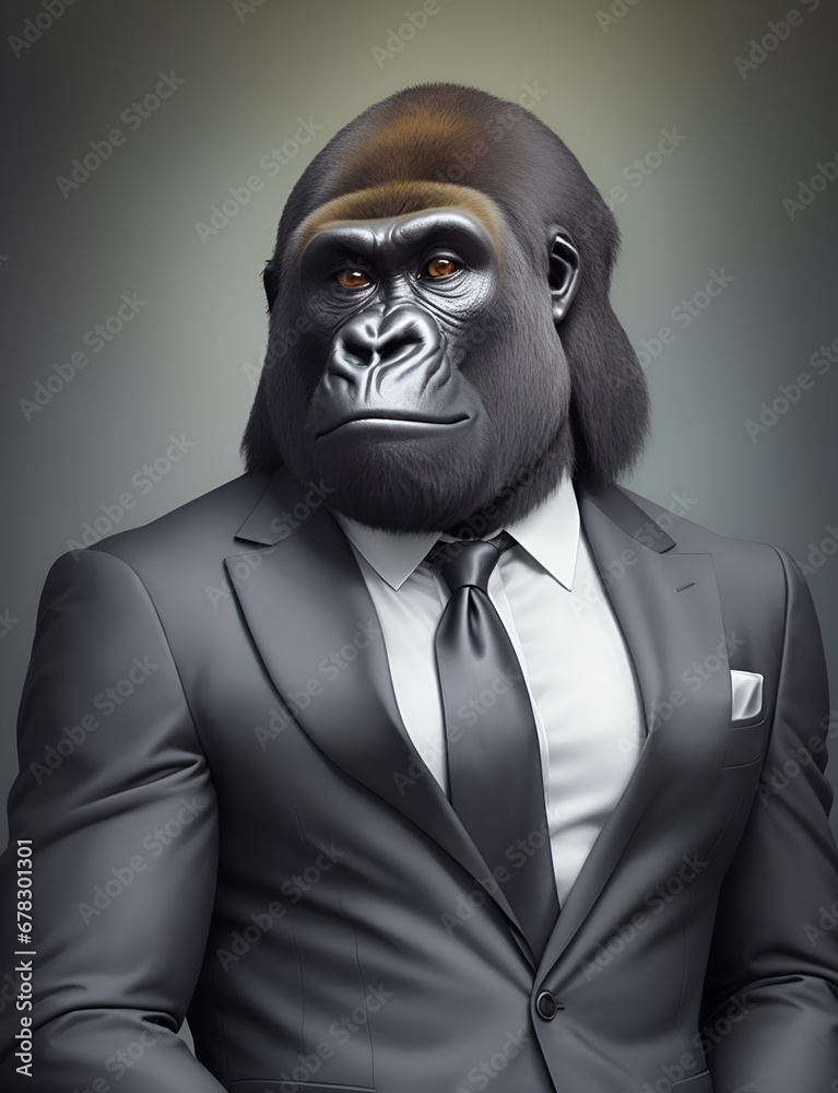Gorilla is dressed elegantly in a suit with a lovely tie. An anthropomorphic animal poses for a fashion photograph with a charming human attitude. Funny animal pictures with Suit jacket and tie