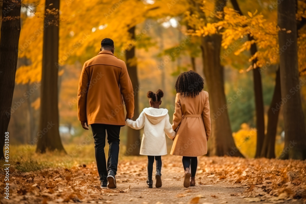 Fototapeta premium African American family walking in the park autumn fall leaves in the ground and trees, view from behind