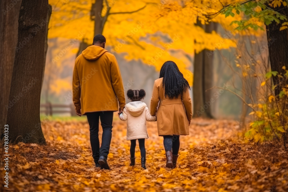 Fototapeta premium African American family walking in the park autumn fall leaves in the ground and trees, view from behind