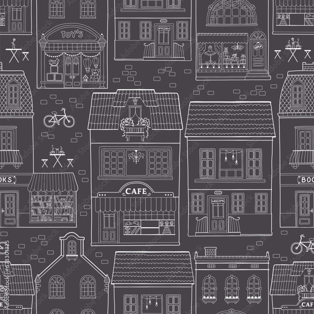 Seamless pattern with European houses. Dutch buildings with shops, bookstores, coffee shops. White outline on a dark background. Monochrome vector sketch illustration in a hand-drawn childish style. - obrazy, fototapety, plakaty 