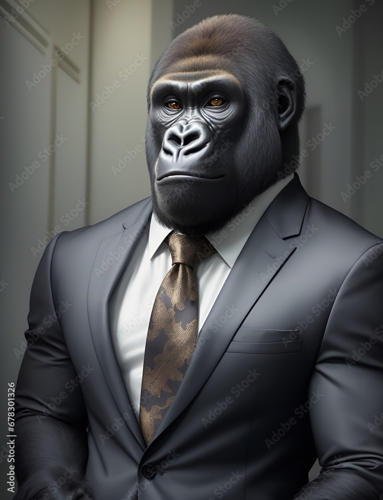 Gorilla is dressed elegantly in a suit with a lovely tie. An ...