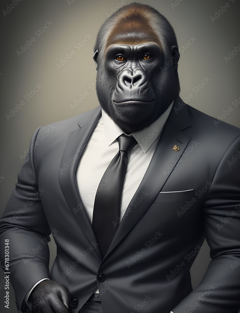 Gorilla is dressed elegantly in a suit with a lovely tie. An anthropomorphic animal poses for a fashion photograph with a charming human attitude. Funny animal pictures with Suit jacket and tie Gorilla is dressed elegantly in a suit with a lovely tie. An anthropomorphic animal poses for a fashion photograph with a charming human attitude. Funny animal pictures with Suit jacket and tie