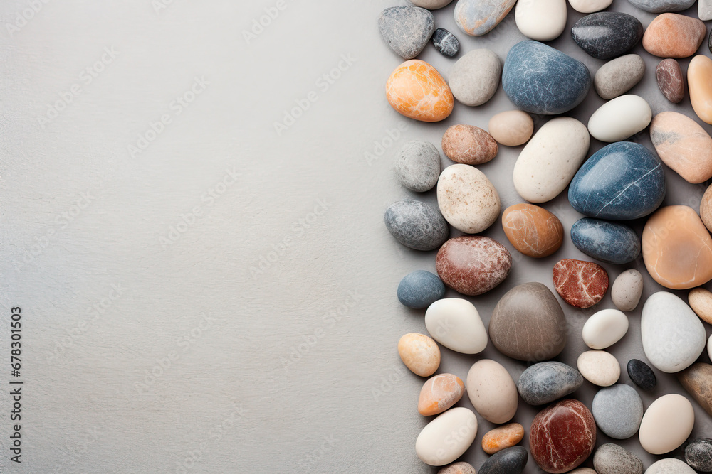 Pebble stones on neutral background with space	
