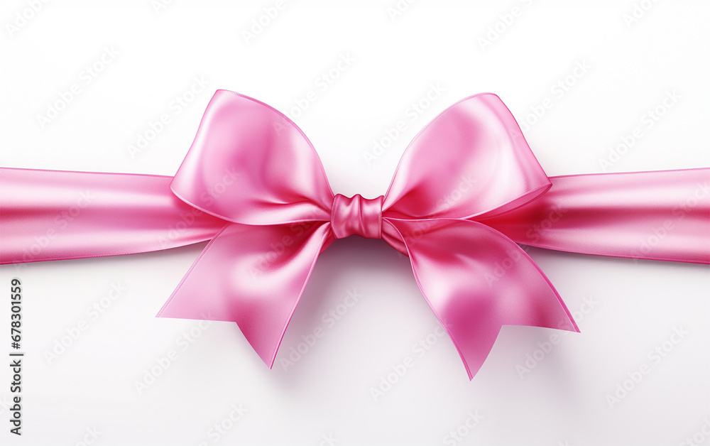 Pink ribbon and bow on white background. Simple pink bow. Decoration for girls, hair care. Items for everyday use, creating stylish and bright look for baby. Modern style, fashion, decorative