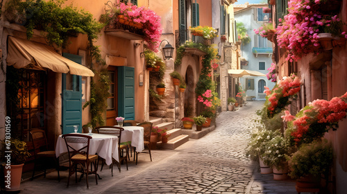 Charming Quaint European Alleyway with Cobblestone Streets, Enhanced with Soft and Pastel Tones to Evoke a Nostalgic and Old-World Atmosphere © Aaron Wheeler