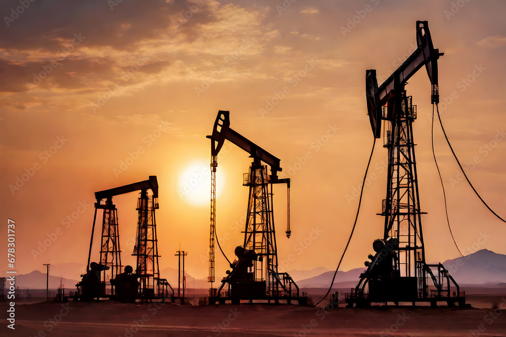 Crude Oil pump oil rig energy industrial machine for petroleum in desert land with the sunset background. AI generated. Crude Oil pump oil rig energy industrial machine for petroleum in desert land with the sunset background. AI generated.
