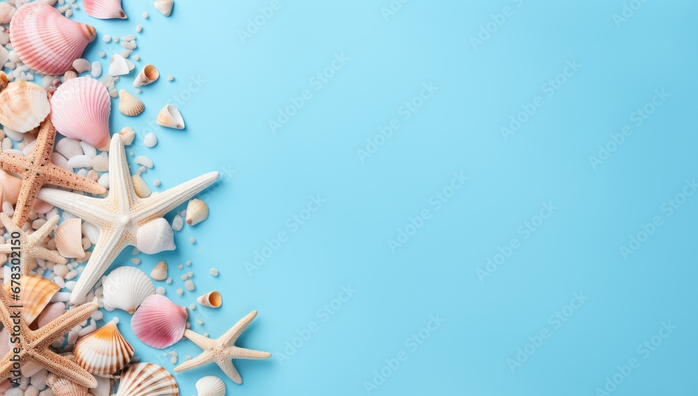 background with shells, starfish, and pebbles on a blue background Generative AI - obrazy, fototapety, plakaty 