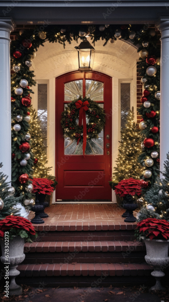 Red front door with christmas tree and wreath on it.
