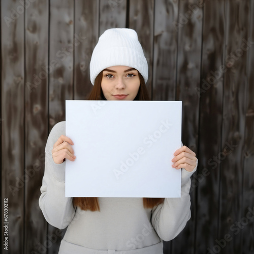 Woman in a hat holds a white blank mockup sheet