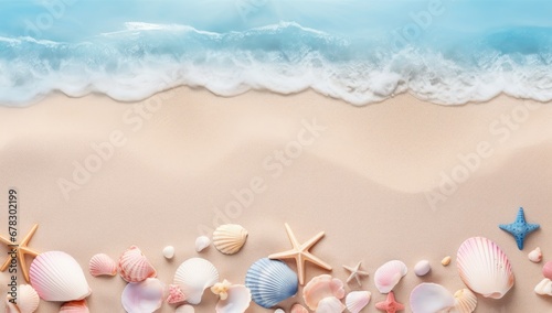 sand and shells with border, ocean themed background Generative AI