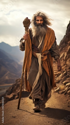 a man with a beard walking on a rocky path