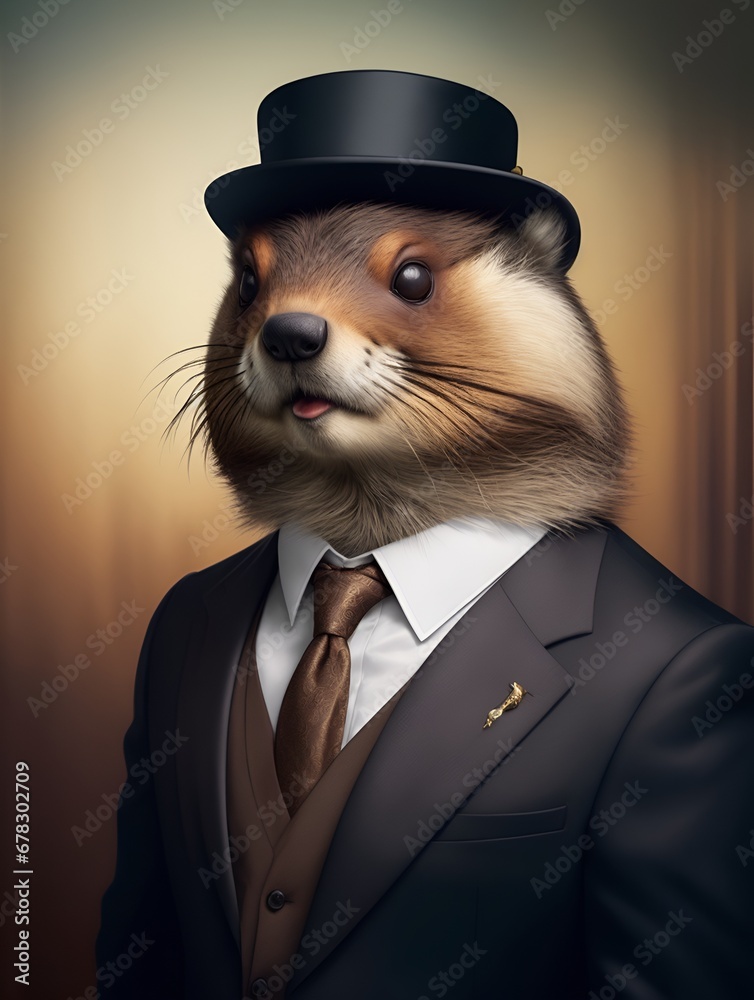 Beaver is dressed elegantly in a suit with a lovely tie. An anthropomorphic animal poses for a fashion photograph with a charming human attitude.