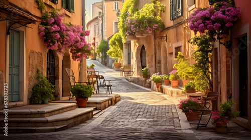 Charming Quaint European Alleyway with Cobblestone Streets, Enhanced with Soft and Pastel Tones to Evoke a Nostalgic and Old-World Atmosphere © Aaron Wheeler