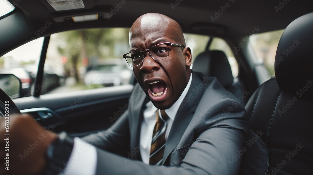 Angry Black male car driver yells at other drivers and pedestrians who obstruct traffic, mature adult businessman is late for a business meeting in a car, generative ai