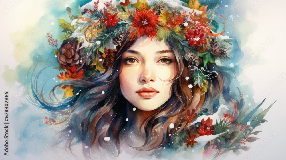  a painting of a woman's face with a wreath of flowers and pine cones on her head, with snow falling on her head and pine cones on her head.