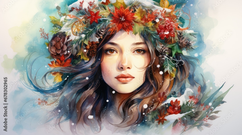 a painting of a woman's face with a wreath of flowers and pine cones on her head, with snow falling on her head and pine cones on her head. a painting of a woman's face with a wreath of flowers and pine cones on her head, with snow falling on her head and pine cones on her head.