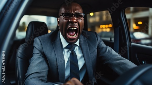 Angry Black male car driver yells at other drivers and pedestrians who obstruct traffic, mature adult businessman is late for a business meeting in a car, generative ai © Hixel