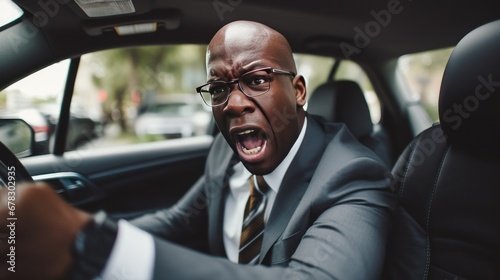 Angry Black male car driver yells at other drivers and pedestrians who obstruct traffic, mature adult businessman is late for a business meeting in a car, generative ai