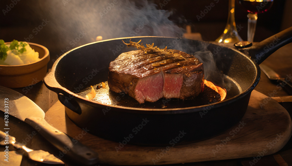 beef steak , the rustic and delicious essence of a juicy beef , Fried in a pan