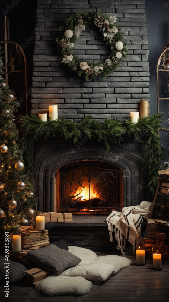Fototapeta premium Beautiful Christmas interior with fireplace and christmas tree on dark background.