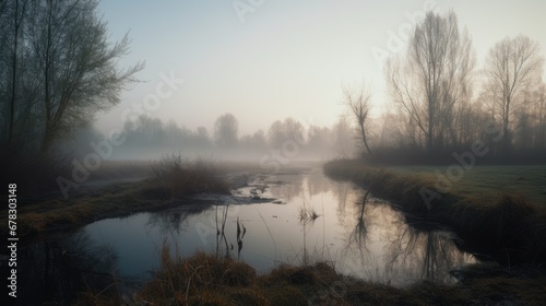  a foggy river in the middle of a field with a few trees on the other side of the river and grass and reeds on the other side of the water.